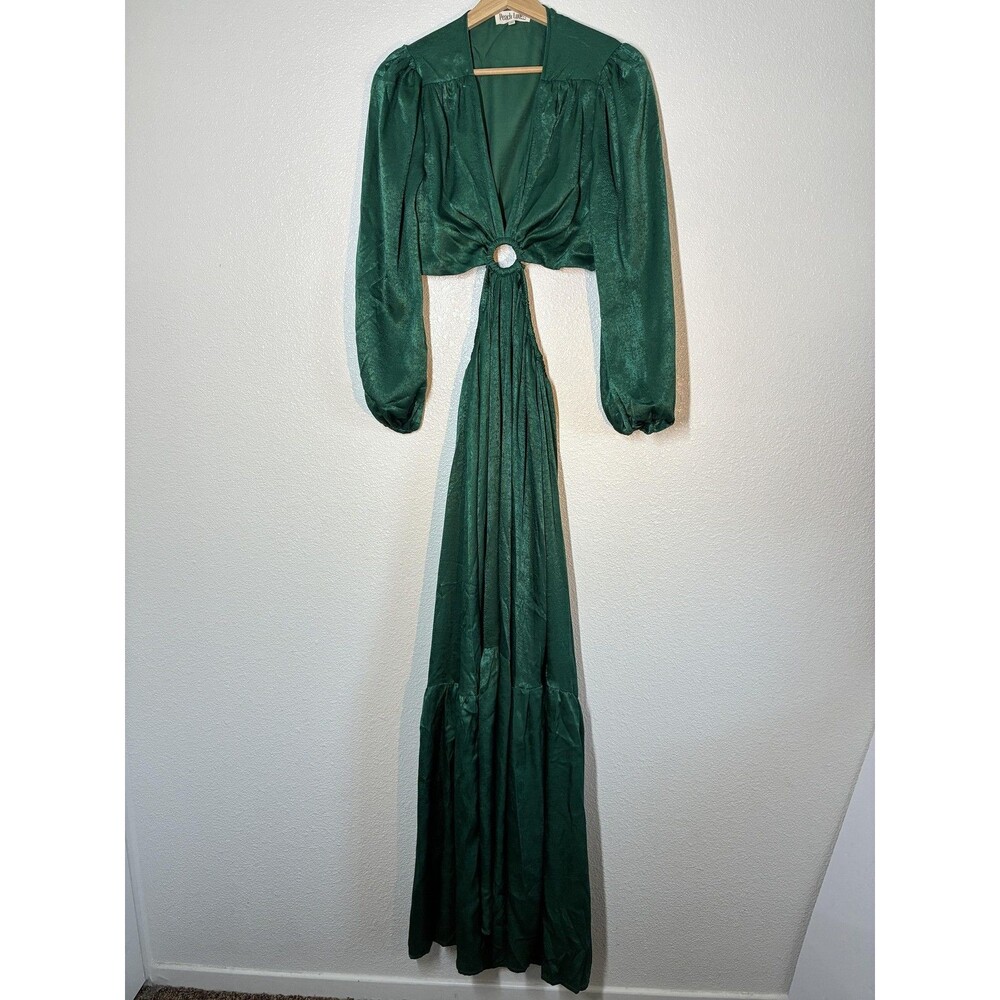 Peach Love California Dress Womens M Green Satin Cutout Ring Maxi Gown Fairy - Picture 3 of 16